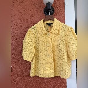 Style & Co Womens Short Sleeve Jacket Size 10P Yellow Eylet Button 100% Linen